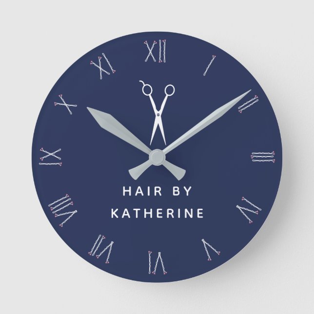 Bobby Pin Roman Numerals Scissor Navy Hair Salon Round Clock (Front)