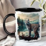 Bobcat in Misty Forest Mug<br><div class="desc">Sip your favourite beverage with the Bobcat in Misty Forest Mug. This captivating mug features a lifelike design of a bobcat standing on a log in a misty forest, with the soft light filtering through the trees. Customized with your name, this mug becomes a unique and personal piece. Ideal for...</div>