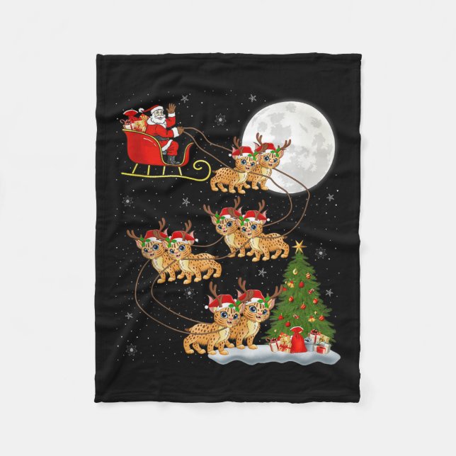 Bobcat Lynx Santa Sleigh Flying Funny Magical Chri Fleece Blanket (Front)