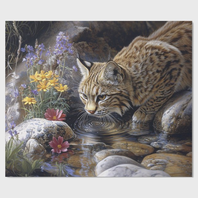 Bobcat with Wildflowers Scenic Art Decoupage Wrapping Paper (Flat)