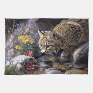 Bobcat with Wildflowers Scenic Art Kitchen Towel