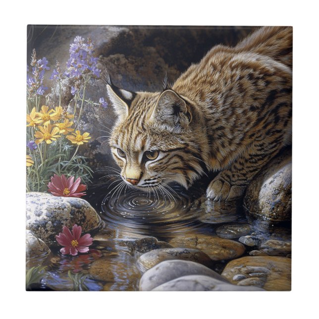 Bobcat with Wildflowers Scenic Art Tile (Front)