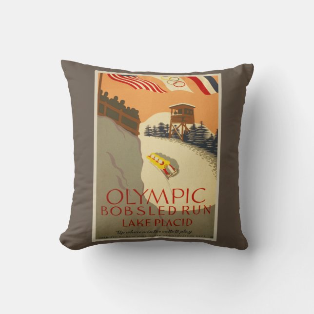 Bobsled Run, Lake Placid 1932 Throw Pillow (Front)