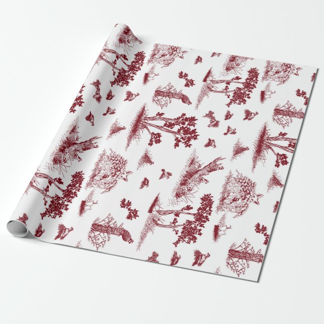 Bobwhite Quail Toile De Jouy Cranberry and White Wrapping Paper (Unrolled)