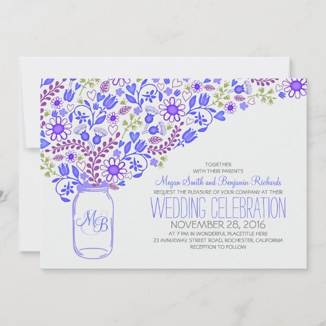 bocal bleu mason joli fleurs invitations mariage (Devant)