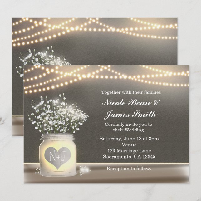 Bocal Mason à cœur lumineux et invitation avec Bab (Devant / Derrière)