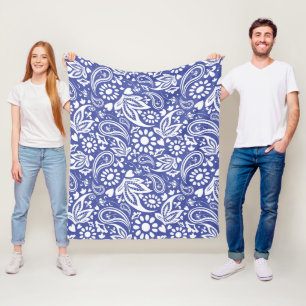 Boco Chic Classic Blue White Paisley Flower Heart Fleece Blanket
