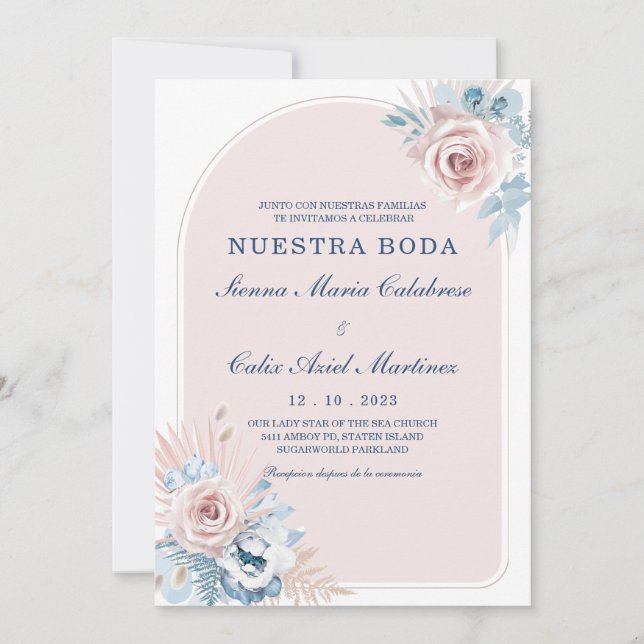 Bodas en azul empolvado y rosa rubor invitation (Front)