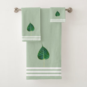 Bodhi Leaf & Three Stripes on Laurel Green Bath Towel Set