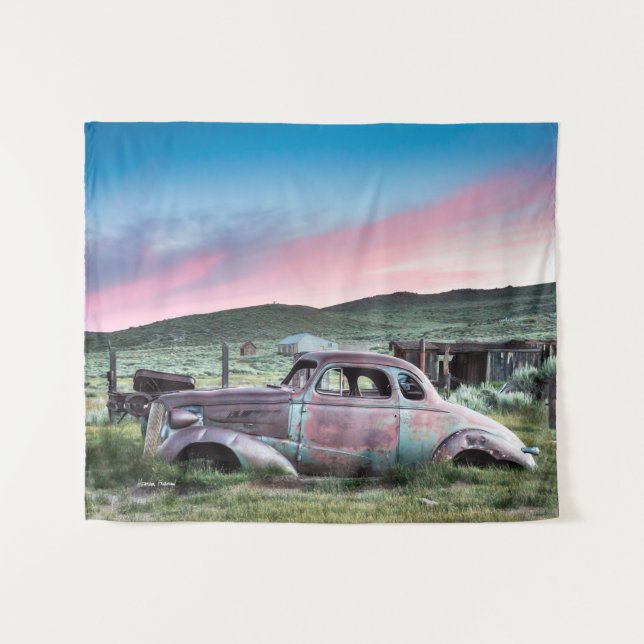 Bodie Ghost Town Abandoned Car at Sunset Tapestry (Front (Horizontal))