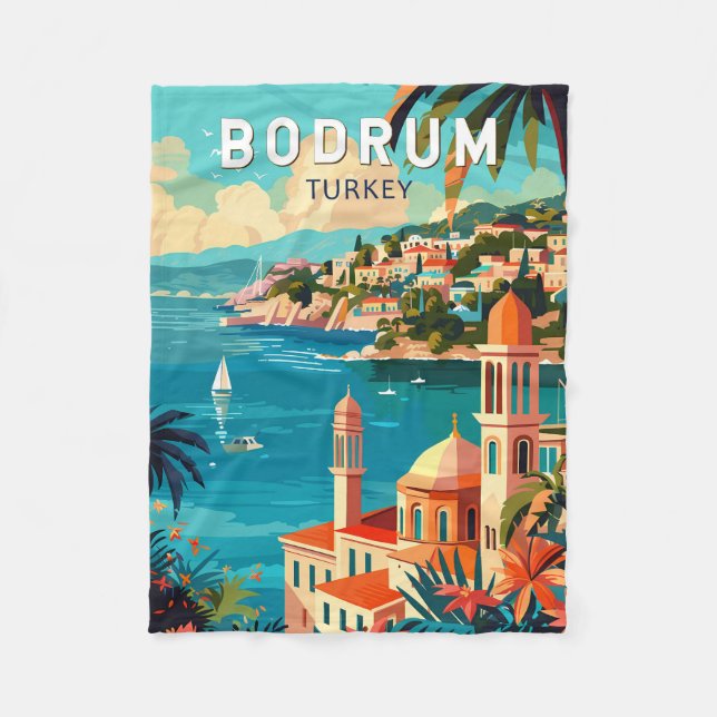 Bodrum Turkey Travel Art Vintage Fleece Blanket (Front)