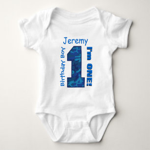 Body 1er Anniversaire Garçon Bleu CAMO 1 Année Nom pers