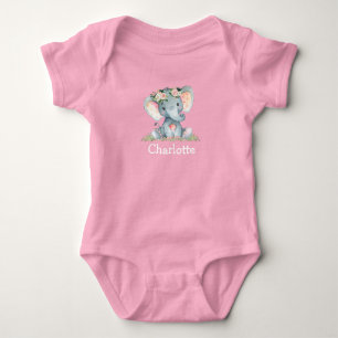 Body Aquarelle Floral Baby Elephant Bébé rose Blanc