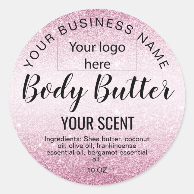 body butter gold  pink glitter  add your logo classic round sticker (Front)