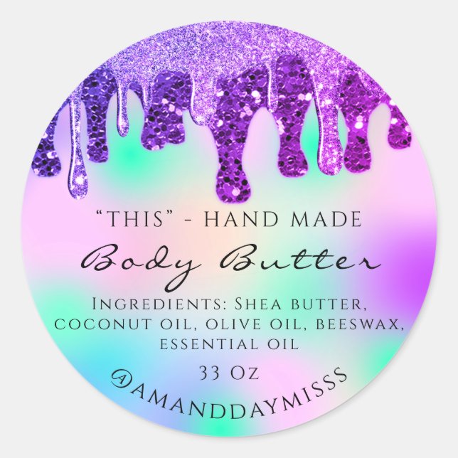 Body Butter Handmade Packaging Glitter Drip Violet Classic Round Sticker (Front)