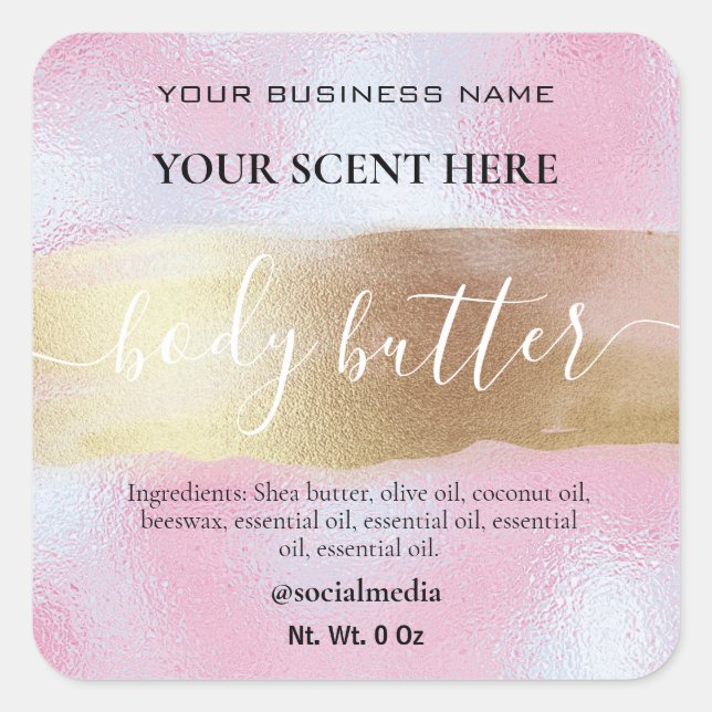 Body Butter Labels In Gold And Holographic Pink (Front)