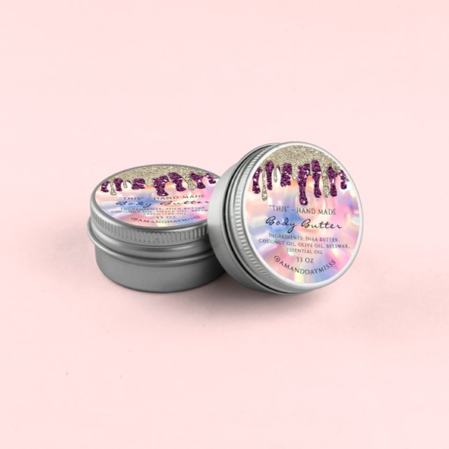 Body Butter Packaging Glitter Drip Gold Holograph Classic Round Sticker (Creator Uploaded)