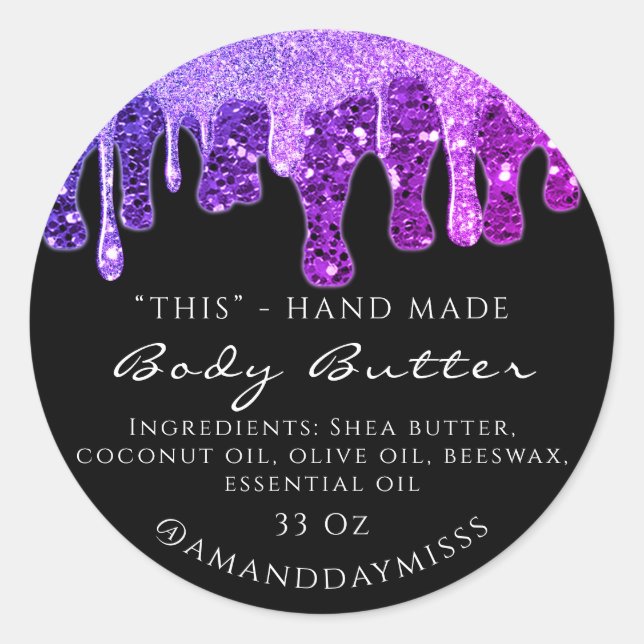 Body Butter Packaging Glitter Drip Purple Pink Classic Round Sticker (Front)