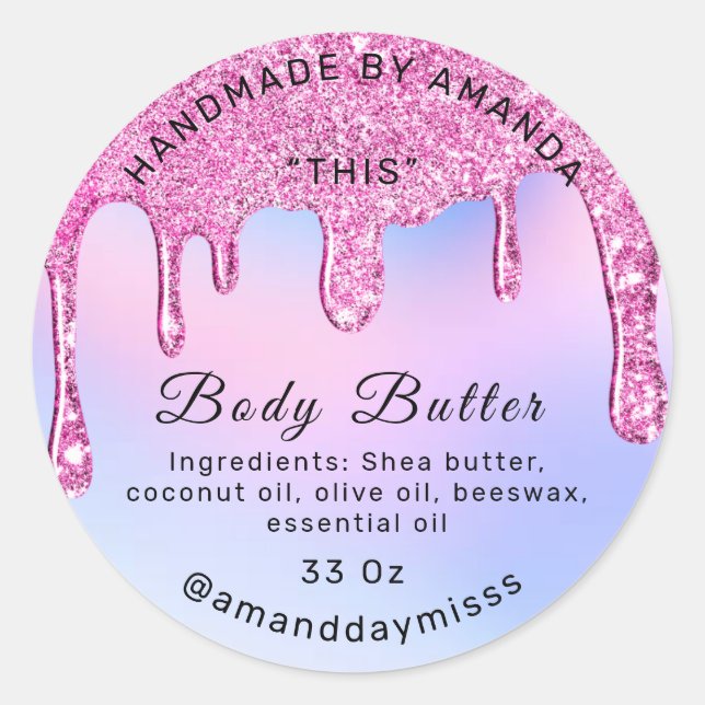 Body Butter Packaging Pink Drips Holographic Blue Classic Round Sticker (Front)