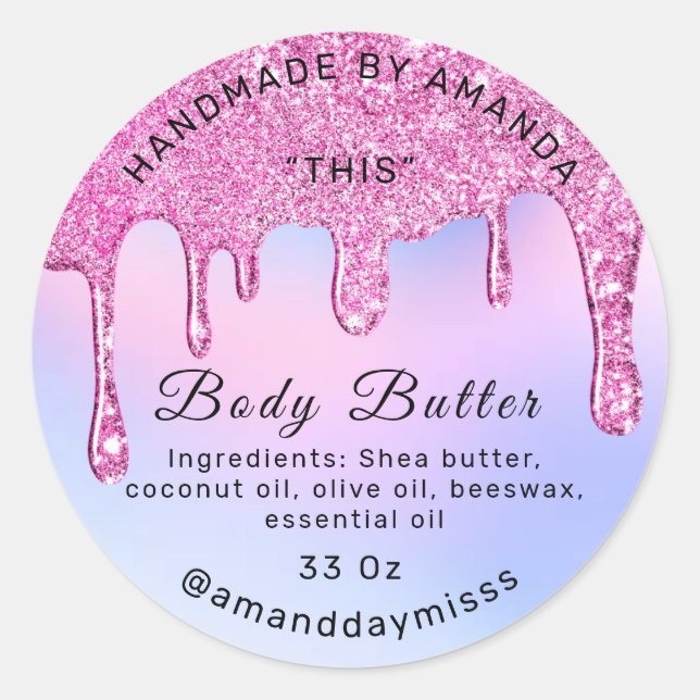 Body Butter Packaging Pink Drips Holographic White Classic Round Sticker (Front)