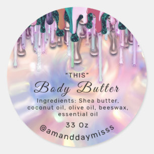 Body Butter Packaging Rose Drips Holograph Pink Classic Round Sticker