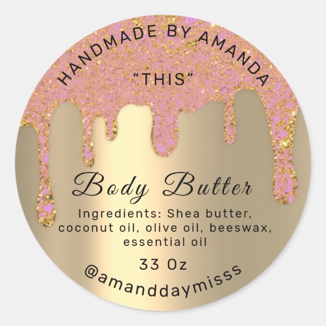 Body Butter Packaging Shop Drips Gold Pink Classic Round Sticker (Front)