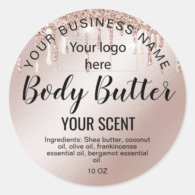 body butter  rose gold drips foil add your logo classic round sticker (Front)