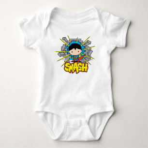 Body Chibi Superman Frappant À Travers Un Mur De Brique