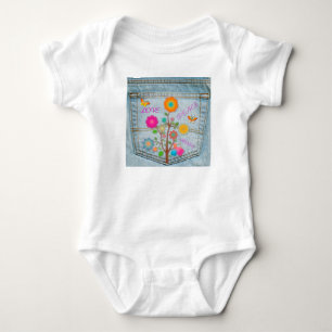 Body Denim Back Fleurs de poche Paix Aimer Espoir
