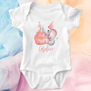 Body Eléphant rose mignon moderne bébé fille 1er annive