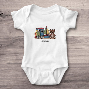 Body Jouets en bois avec train, voilier et ours en pelu