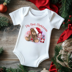 Body Mon 1er Noël Ourson Moderne Canne à Sucre Mignonne