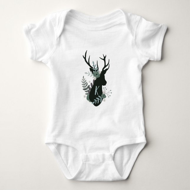 Body Monogramme floral bleu de la tête de cerf rustique (Devant)