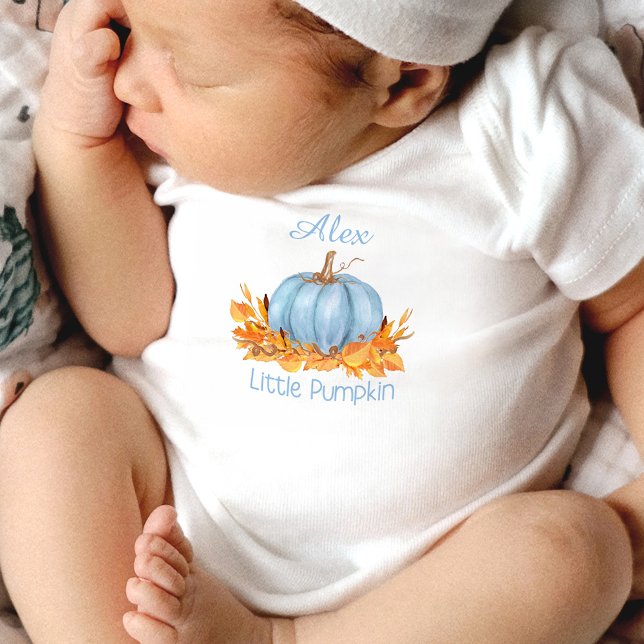 Body Petit Citrouille Automne Bébé Nom de la combinaiso (Little Pumpkin Blue Fall Boy Personalized baby bodysuit)
