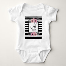 Rayures noires et blanches Monogramme floral rose