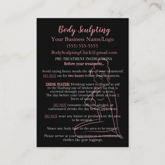 Body Sculpting Pre and Post Treatment Information Business Card (Front)