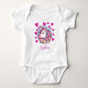 Body Unicorne mignonne, Coeurs et Fleurs roses, Nom per