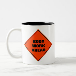 Body work ahead road sign orange personalized Two-Tone coffee mug