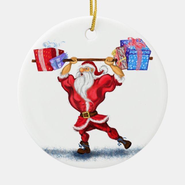 Bodybuilder Santa Claus with Christmas Gifts - Fun Ceramic Ornament (Front)