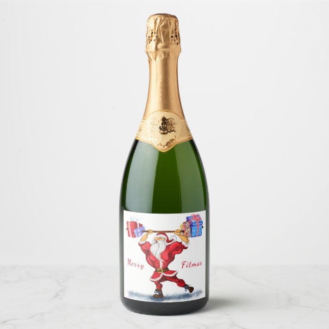 Bodybuilder Santa Claus with Christmas Gifts - Fun Sparkling Wine Label (Front)