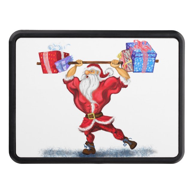 Bodybuilder Santa Claus with Christmas Gifts - Fun Trailer Hitch Cover (Front)