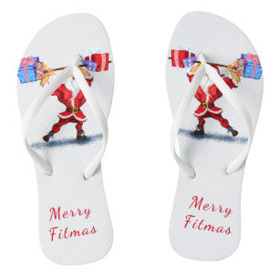 Bodybuilder Santa Claus with Christmas Gifts Funny Flip Flops