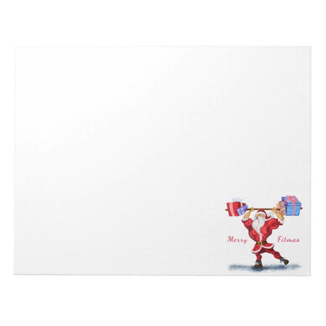 Bodybuilder Santa Claus with Christmas Gifts Funny Notepad (Front)