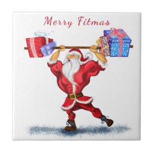 Bodybuilder Santa Claus with Christmas Gifts Funny Tile