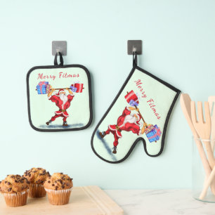 Bodybuilder Santa Claus with Gift Funny Christmas Oven Mitt & Pot Holder Set