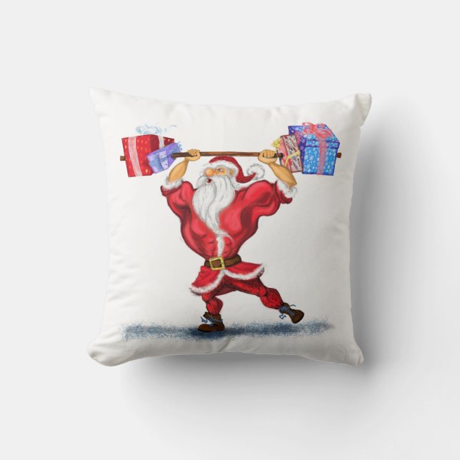 Bodybuilder Santa Funny Christmas Throw Pillow (Front)