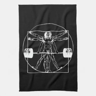 Bodybuilding - Vitruvian Barbell Man Kitchen Towel