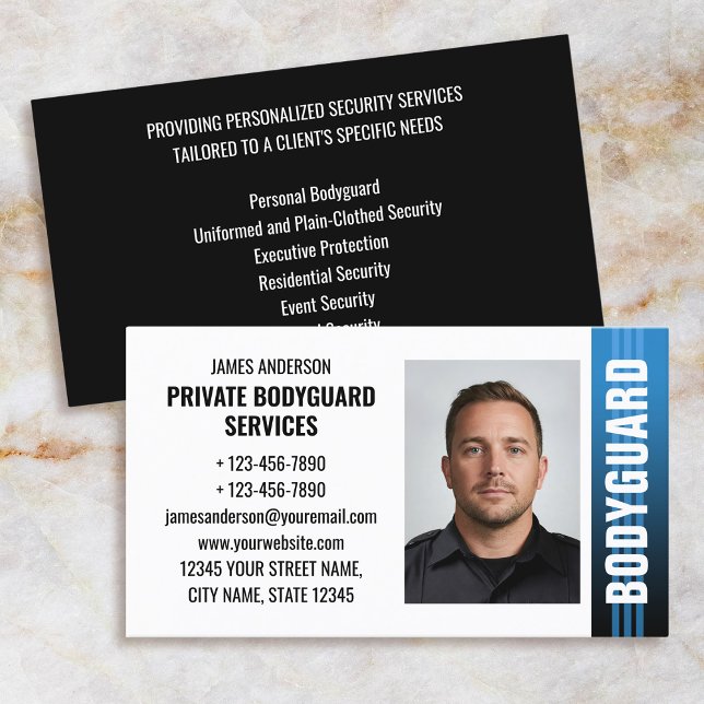Bodyguard Security Services Guard ID Photo Blue Business Card (Creator Uploaded)