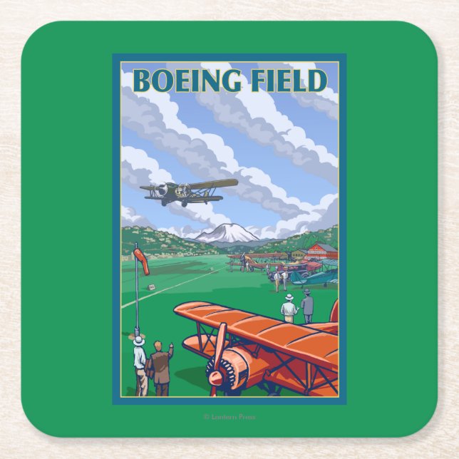 Boeing Field Vintage Travel Poster Square Paper Coaster (Front)