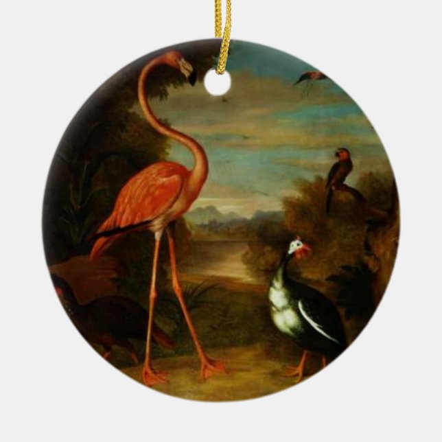 Bogdani Flamingo and Other Birds in a Landscape Ceramic Ornament (Front)